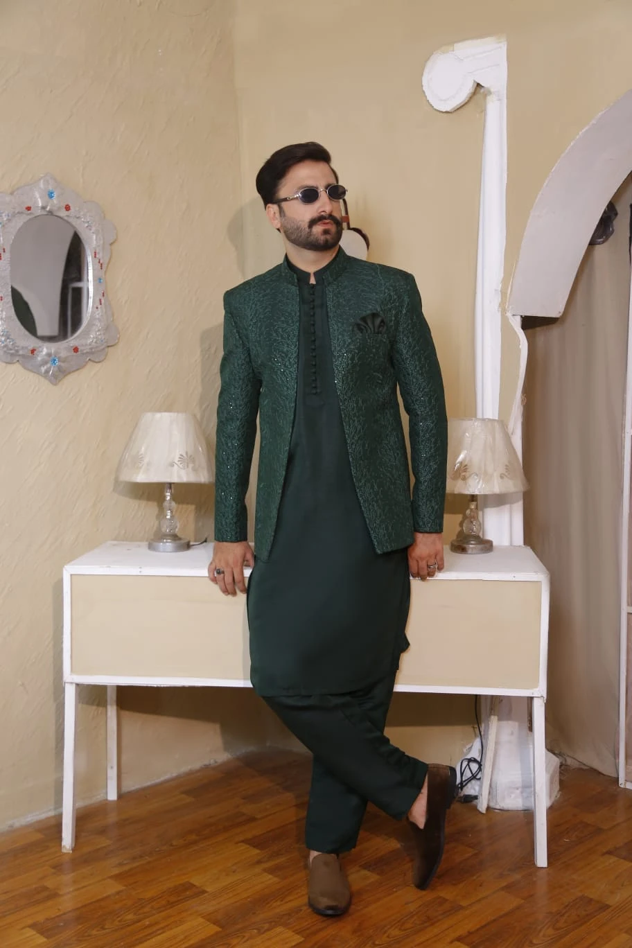 emerald green or deep bottle green Shalwar Kameez