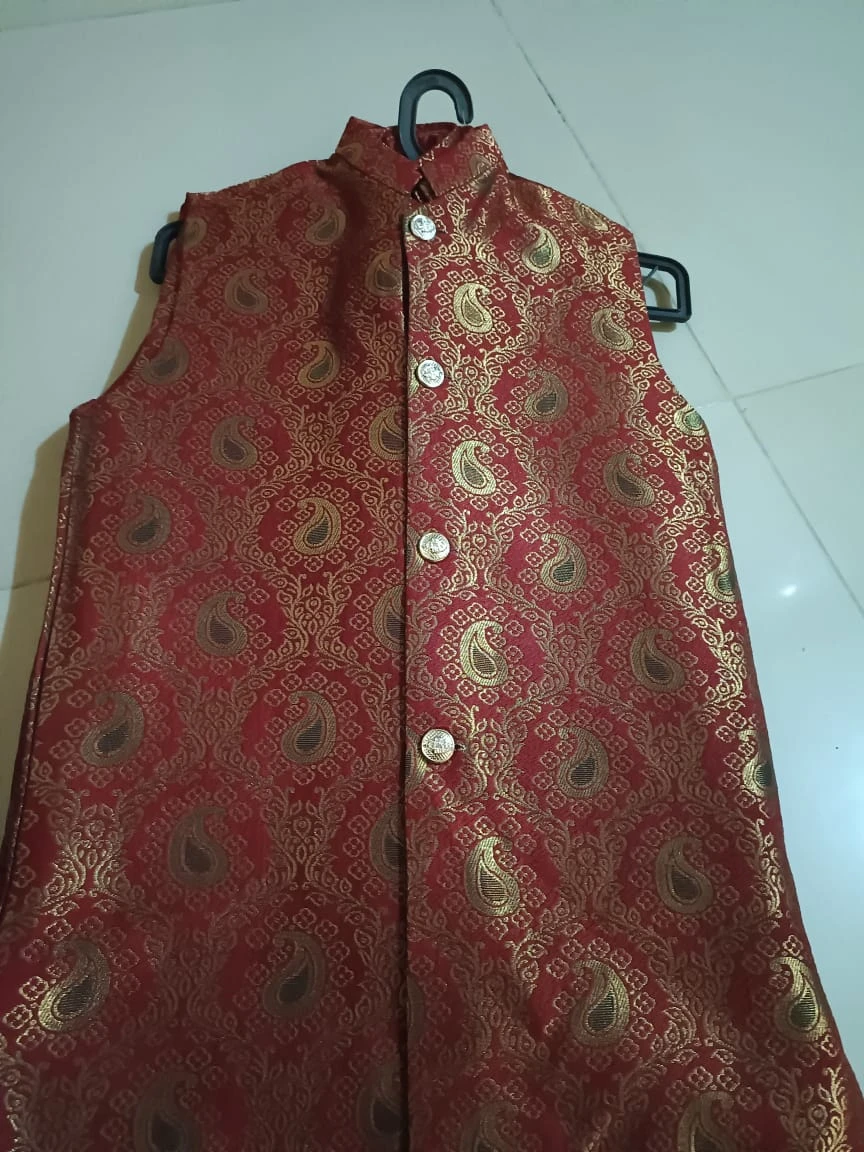Boys' Maroon & Antique Gold Paisley Jamawar Waistcoat (Ages 1–13 Yrs)