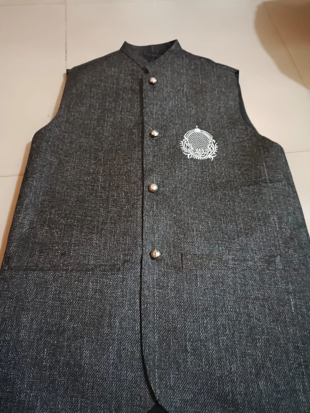 Boys' Charcoal Grey Textured Ethnic Waistcoat with Crest Motif (Ages 1–13 Yrs)