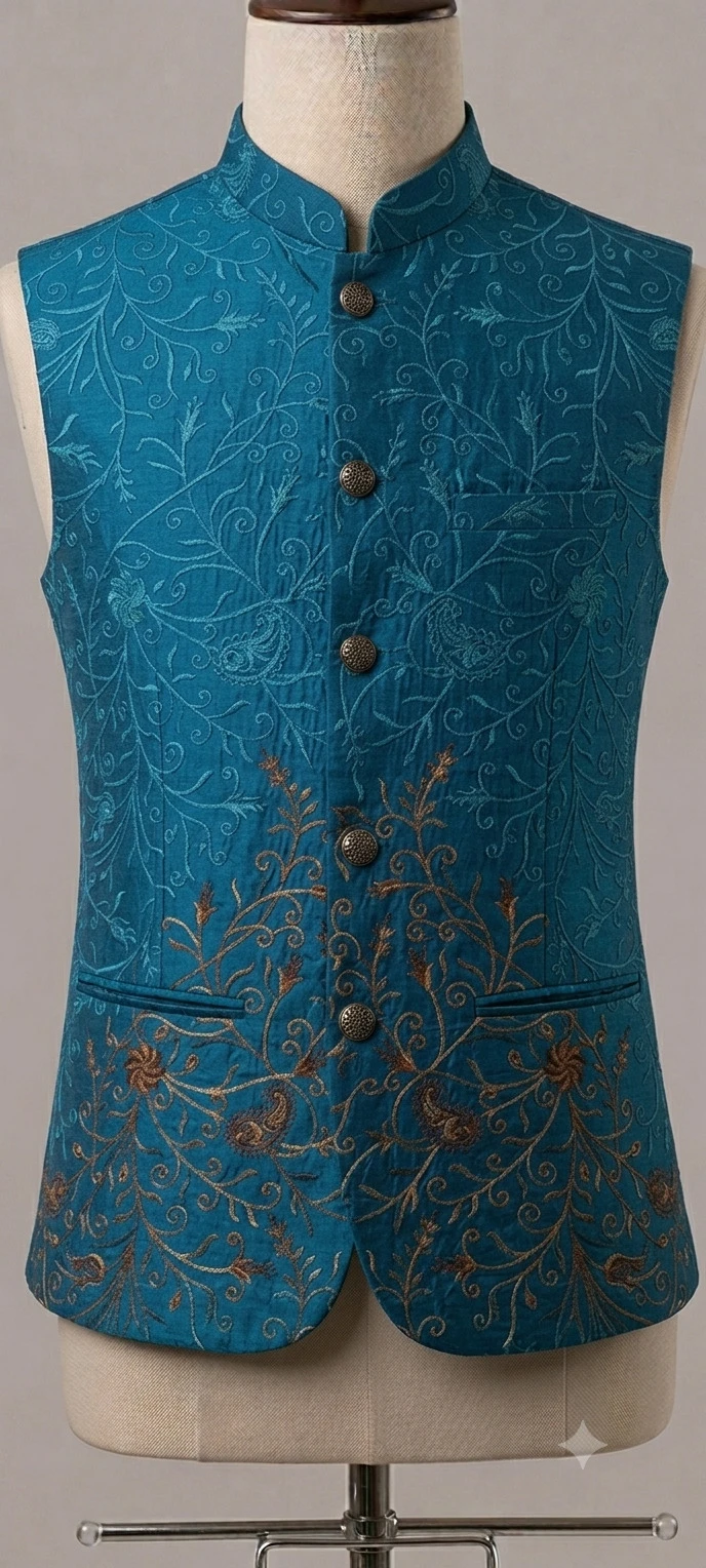 Men's Teal Blue Dual-Tone Floral Embroidered Mysorie Waistcoat